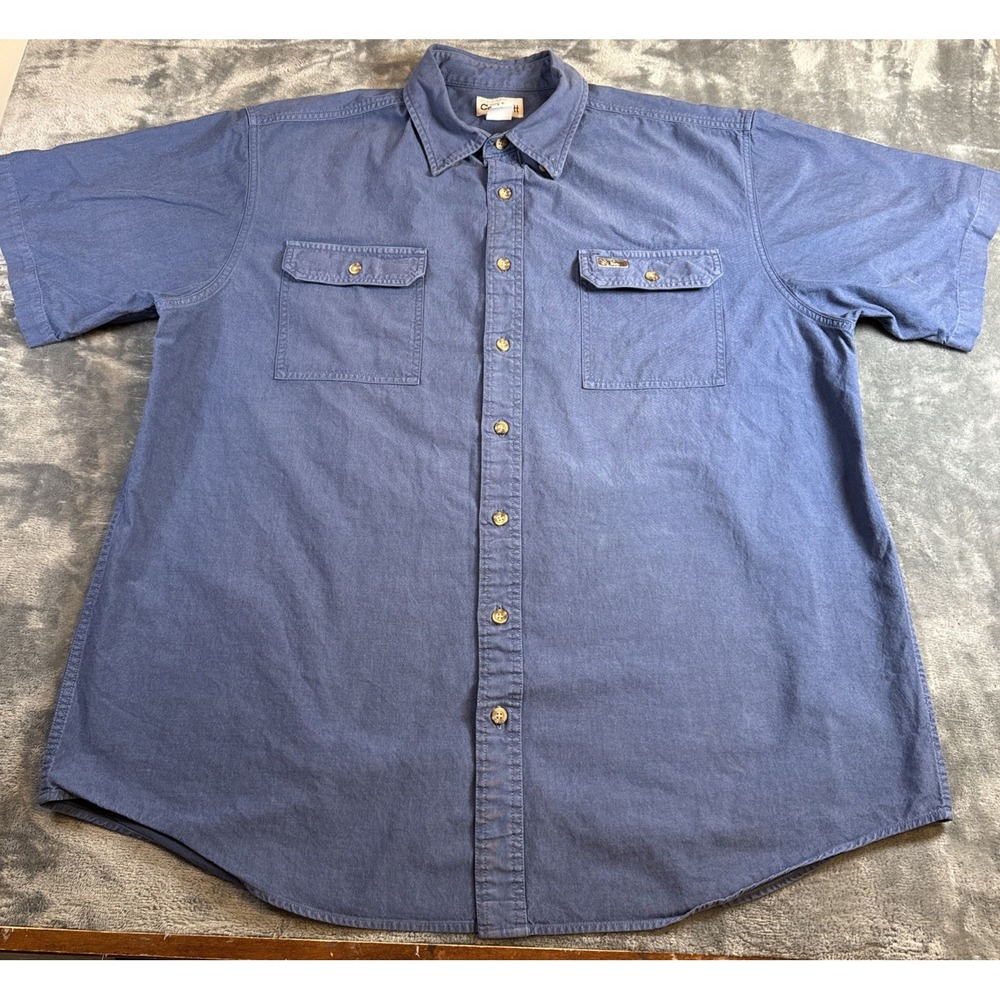 VTG Carhartt Work Shirt XL Tall Blue Cotton S118 Short Sleeve Rugged Button Up